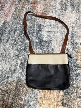 Fossil Black, Cream & Brown Leather Crossbody Bag